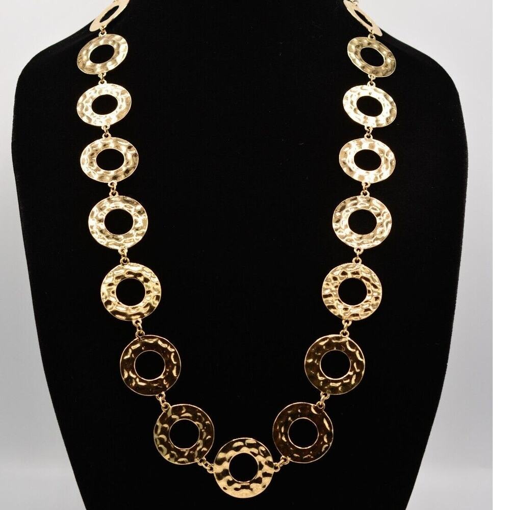 Vintage Chunky Circle Linked Necklace Pebbled Heavy Linked Gold Chain 80s Bin3C